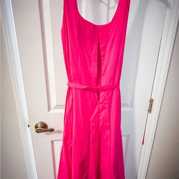 Anne Klein Pink Barbiecore Sleeveless Midi Sundress w/ Tie Belt | Cotton Blend - Picture 2 of 4
